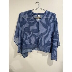 Chico's Poncho Top Women's L/XL Blue Chiffon Abstract Print Asymmetrical V-Neck
